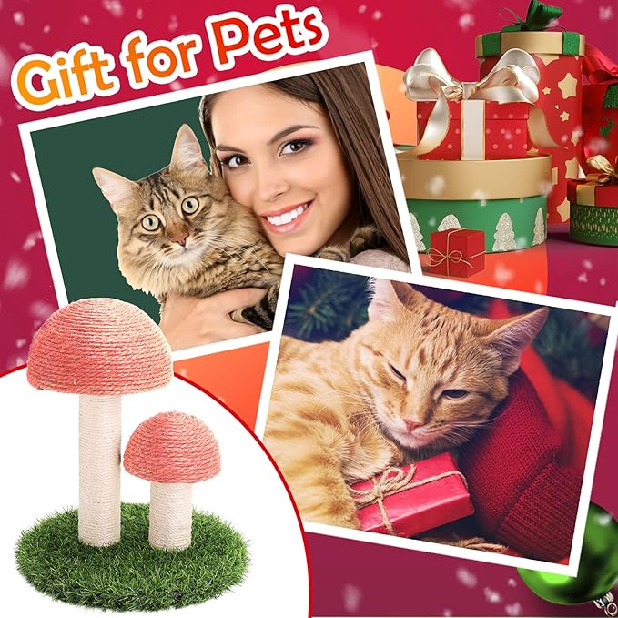 PowerKing Mushroom Cat Scratching Post, 15 x12 Inches Claw Scratching Post for Kitty, Natural Sisal Cat Scratchers Pole, Cat Interactive Toys, Cat Tree Tower (Pink) - PAWPICO