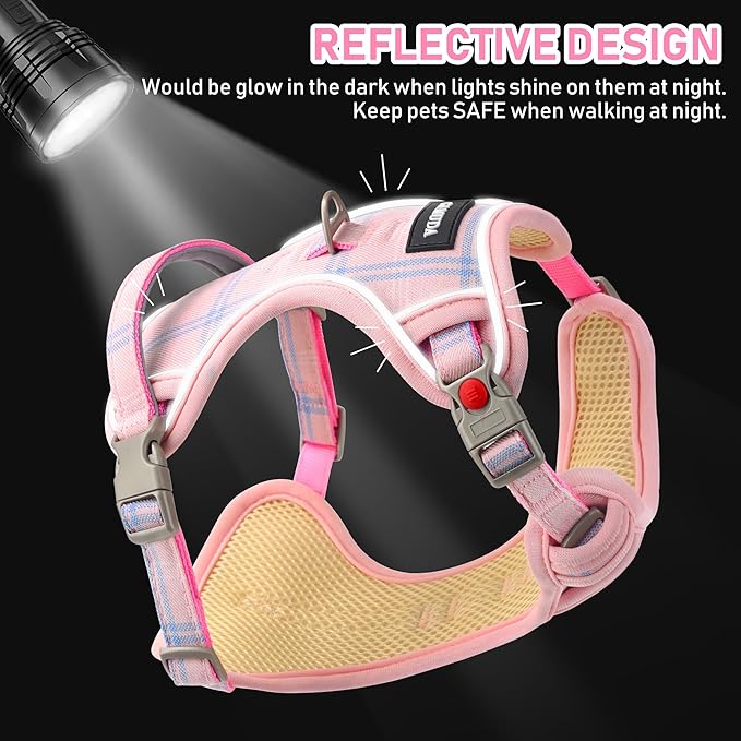 GAMUDA Dog Harness Collar and Leash Set, Dog Harness, No Chock No Pull Adjustable Vest Harnesses Plaid Reflective for Medium Dog, Cat, Small Horse, Small Bull and Pig (Pink, S) GAMUDACollarsCollection