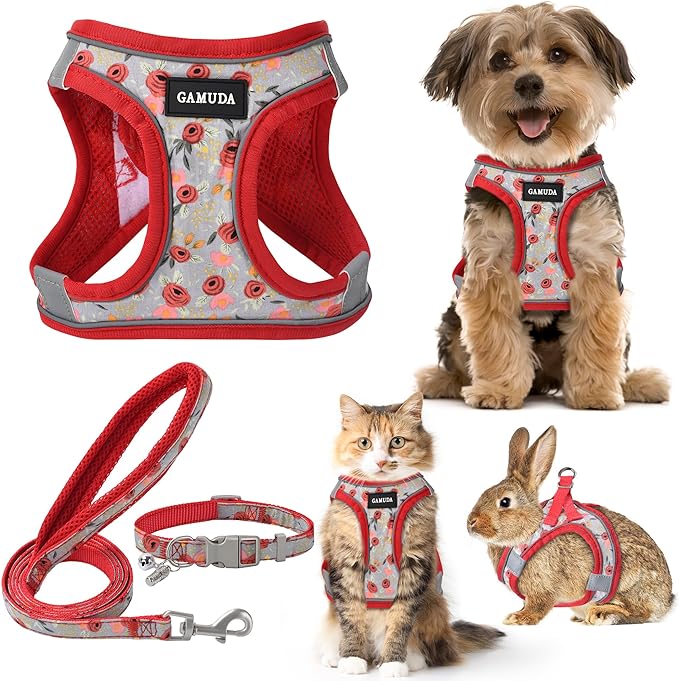 GAMUDA Small Dog Harness Collar and Leash Set, Step in No Chock No Pull Soft Mesh Adjustable Dog Vest Harnesses Plaid Reflective for Dogs Puppy Cats Kitten Rabbit (Red Flower, S) GAMUDACollarsCollection
