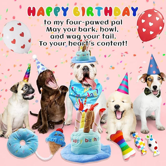 Dog Birthday Toy Set, 9Pcs Plush Pet Toy for Small Dogs, Includes Squeaky Cake Hat, Bandana, Dessert Themed Toys, Balloons, for Dog Birthday Party - PAWPICO