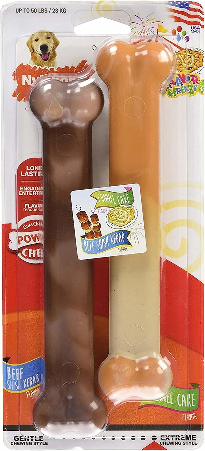 Nylabone Power Chew Flavor Frenzy Bone Chew Toy for Dogs, Indestructible Chew Toys for Aggressive Chewers, Funnel Cake & Shish Kabob Flavor, Large/Giant - Up to 50 lbs. (2 Count) - PAWPICO