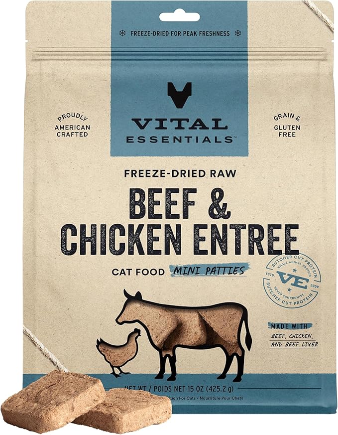 Vital Essentials Freeze Dried Raw Cat Food, Beef & Chicken Mini Patties Entree, 15 oz VitalEssentials