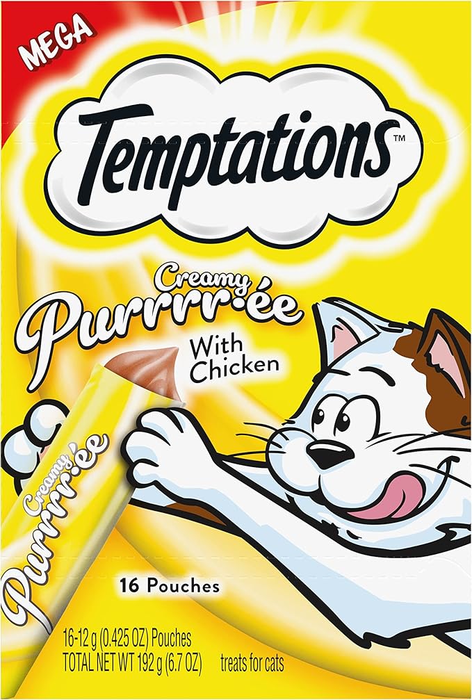 Temptations Creamy Puree with Chicken Lickable, Squeezable Cat Treats, 0.42 Oz Pouches, 16 Count (pack of 1) Temptations
