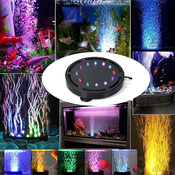 5 inch 12LEDs Aquarium Air Bubble Light, Multi-Colored Submersible Fish Tank Air Stone Disk Lamp Underwater Bubbler Light for Fish Tanks and Fish Ponds LEDGLE