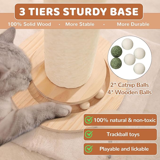 OTOB 33" Tall Cat Scratching Post, 4.3Inch Large Diameter Natural Sisal Rope Scratcher Post, 5-in-1 Interactive Turntable Cat Scratch Post with Soft Hanging Ball Toys for Indoor Large Cats - PAWPICO