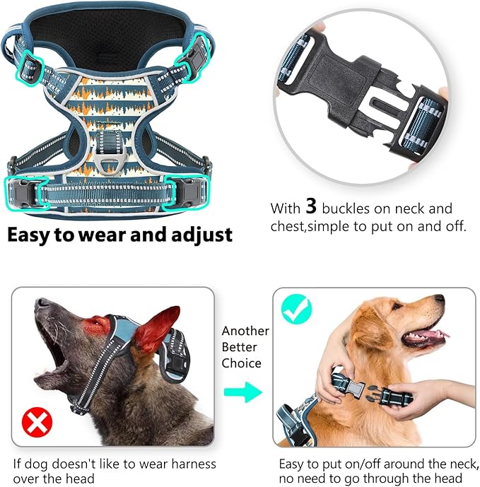 Timos Dog Harness, No-Pull Pet Harness with 2 Leash Clips, 3 Snap Buckles Adjustable Soft Padded Dog Vest, Reflective No-Choke Pet Oxford Vest with Easy Control Handle for Small Medium Large Dogs Timos