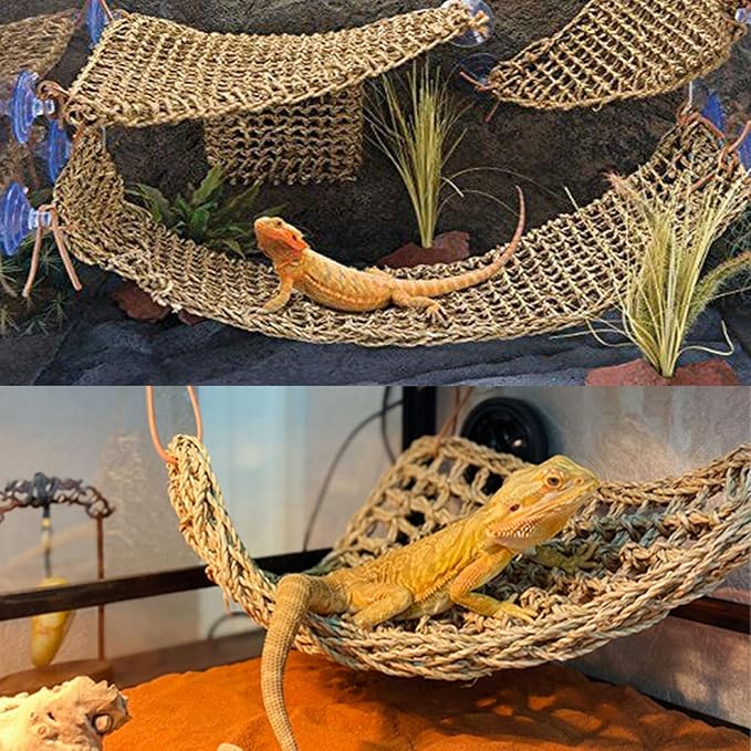 PINVNBY Bearded Dragon Hammock Lizard Natural Seagrass Habitat Reptile Tank Accessories Jungle Climber Vines Flexible Leaves Decor for Climbing Reptiles Lizards Chameleon Gecko Snakes PINVNBY