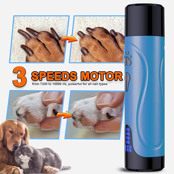 YABIFE Dog Nail Grinder, Dog Nail Trimmers and Clippers Kit, Super Quiet, Rechargeable, for Small Large Dogs Cats Toenail Claw Grooming,3 Speeds, 1 Extra Grinding Wheel - PAWPICO