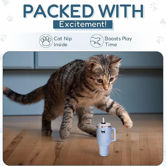 Kitty Cup Tumbler Cat Toy – Cute Cat Toy with Catnip, Crinkle Cat Toys for Cat Birthdays or Christmas, Funny Cat Toys for Kittens (Chambray Blue) - PAWPICO