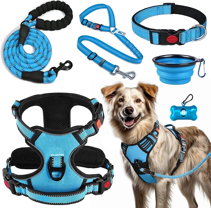 No Pull Dog Harness, Collar & Leash Set | Includes Dog Seat Belt, Collapsible Bowls & Poop Bag Dispenser. Ideal for Training, Walking, Hiking. Fits Small to Large Dogs(Blue-XL) Lovebegetslove