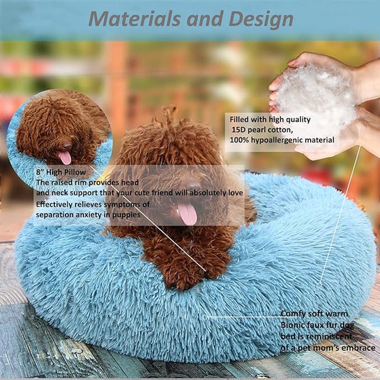 Small Dog Donut Bed for Small Dogs Machine Washable,Calming Donut Blue Dog Bed for Small Puppy with Anxiety,with Fluffy Soft and Comfy Faux Fur Cuddler Pet Bed for Small Pets - PAWPICO