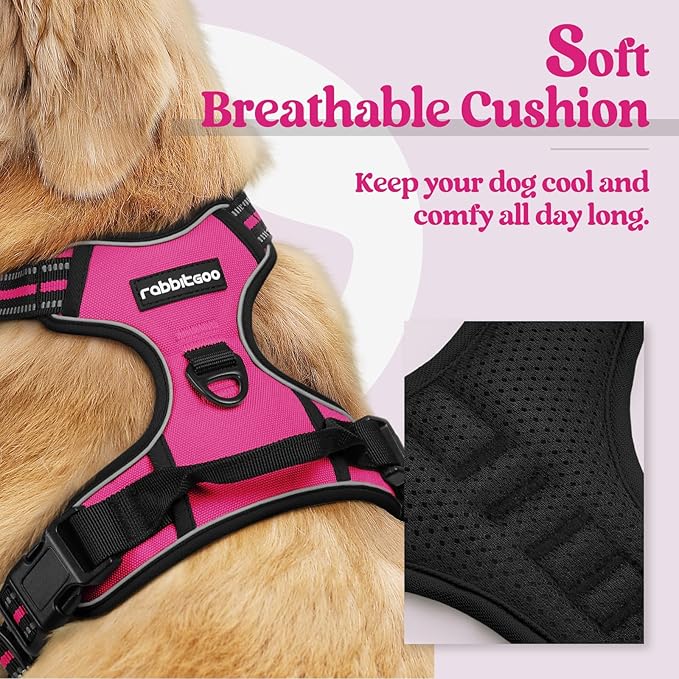 rabbitgoo Dog Harness No Pull with 2 Leash Clips, Adjustable Soft Padded, Reflective Oxford No Choke Pet Vest with Easy Control Handle for Large Dogs, Hot Pink, XL rabbitgoo