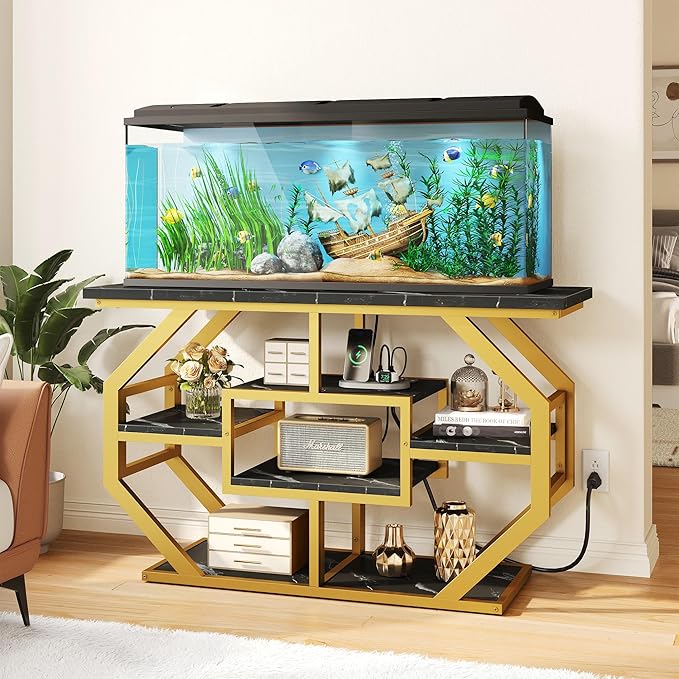 DWVO 55-75 Gallon Aquarium Stand with Power Outlet, Display Stand for Turtle Tank, Reptile Terrarium, Metal Fish Tank Stand Suitable for Living Room, Entryway, 860LBS Capacity, Black & Gold DWVO