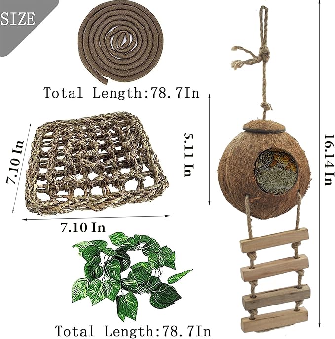 5PCS Coconut Hut for Gecko, Lizard Coco Den with Ladder and Reptile Hammock Bearded Dragon Tank Accessories Climbing Hanging Plants Jungle Vine Flexible Reptile Leaves Decor MUYG