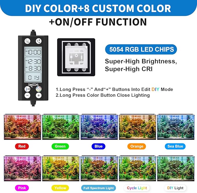 24/7 Auto On/Off Aquarium Light, Programmable Led Aquarium Light with Thermometer, Fish Tank Light with Full Spectrum+7 Single Color, WRBG DIY Color, for 48-54 Inch Planted Tank, 48W SEAOURA