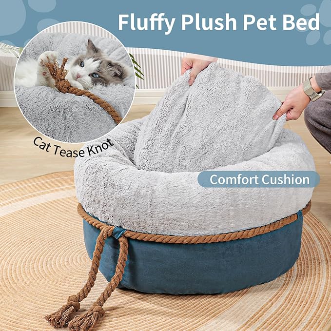 寵幸 Cat Beds for Indoor Cats, 22in Super Soft Thickened and Fluffy Pet Beds, Anti-Slip & Water-Resistant Bottom, Machine Washable Cat & Dog Bed, Navy Grey - PAWPICO