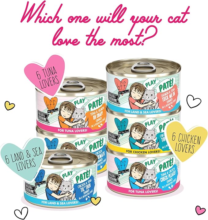 B.F.F. Play - Best Feline Friend Paté Lovers, Aw Yeah!, Swipe Right Delight Grain-Free Natural Wet Cat Food Variety Pack, 2.8oz Can (Pack of 18) - PAWPICO