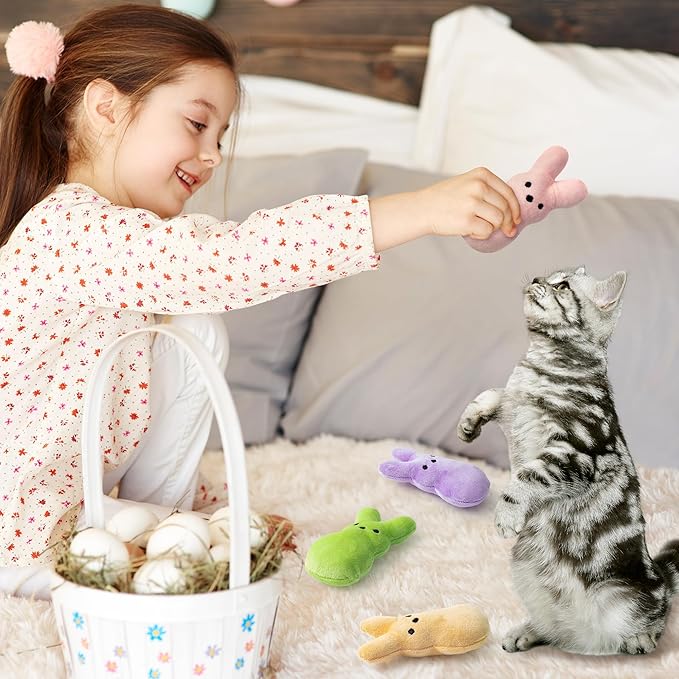 MALLMALL6 5Pcs Easter Bunny Catnip Toys Gift for Cat, Indoor Cat Chew Bite Kick Plush Colorful Rabbit Peeps Catmint Pet Toys for Cat Lover Gifts, Cute Interactive Cat Toy for Pet Presents - PAWPICO