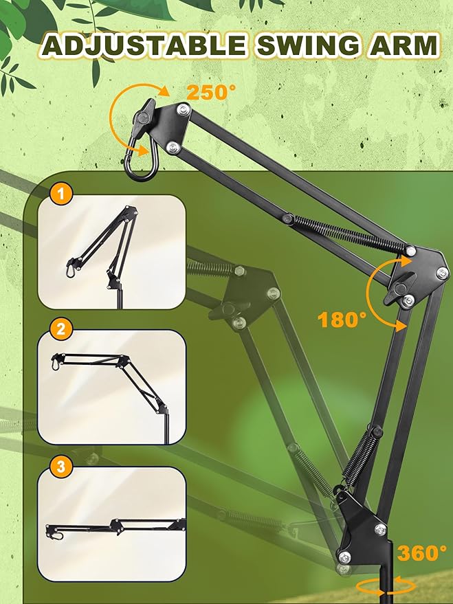 Reptile Lamp Stand, Heat Lamp Stand (15.7 to 74.3 inch) with Adjustable 360° Swing Arm for Terrarium, Reptile Heat Lamp Stand for Bearded Dragons, Turtles, and Chameleons (Black) BESTSHOP