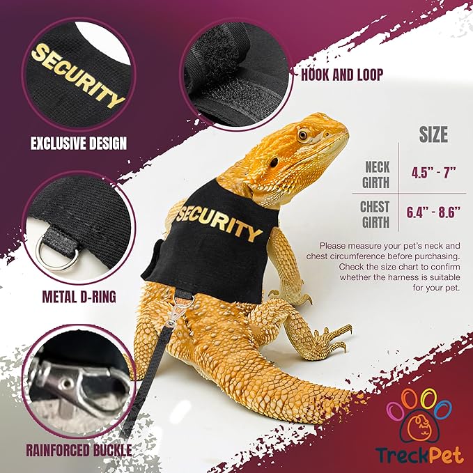 Premium 2Pack Bearded Dragon Leash and Harness Set-Costume and Clothes for Bearded Dragon-Adjustable Bearded Dragon Harness for Secure Walks-Fun Staff and Security Designs TRECKPET