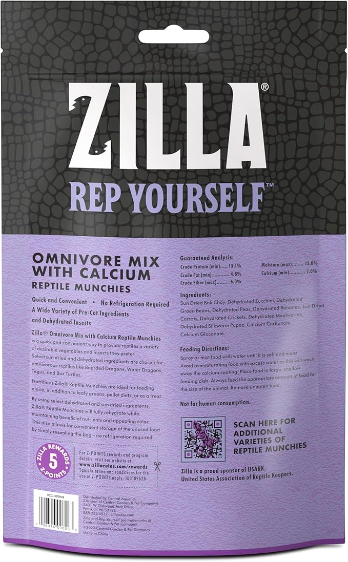 Zilla Reptile Munchies, Omnivore Mix with Calcium, Dehydrated and Sun Dried Vegetables and Insects, Natural with Added Calcium, Resealable Bag 4 oz. Zilla