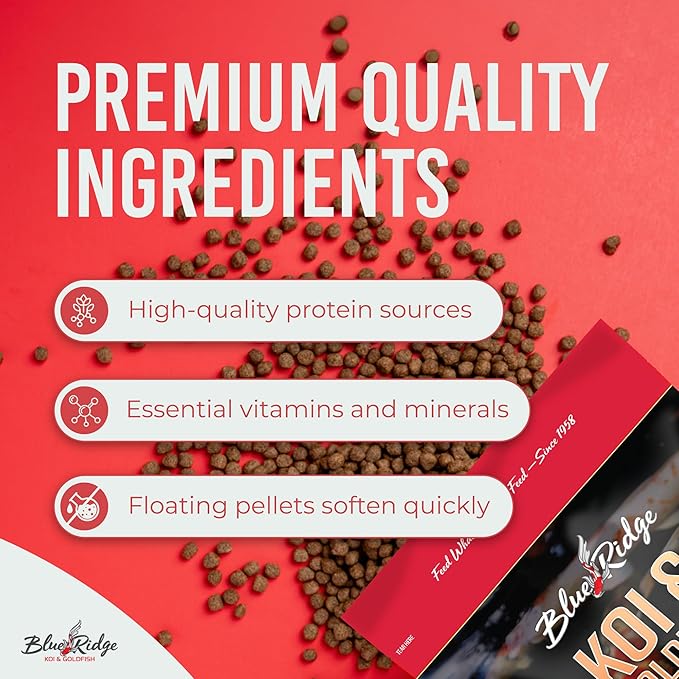 Blue Ridge Koi Fish Food 2lb - Koi Food 3/16” Large and Mini Blend Growth Formula, Goldfish Food, Premium Fish Food for Ponds, Ponds Fish Food, Floating Pond Pellets BlueRidgeFishHatchery