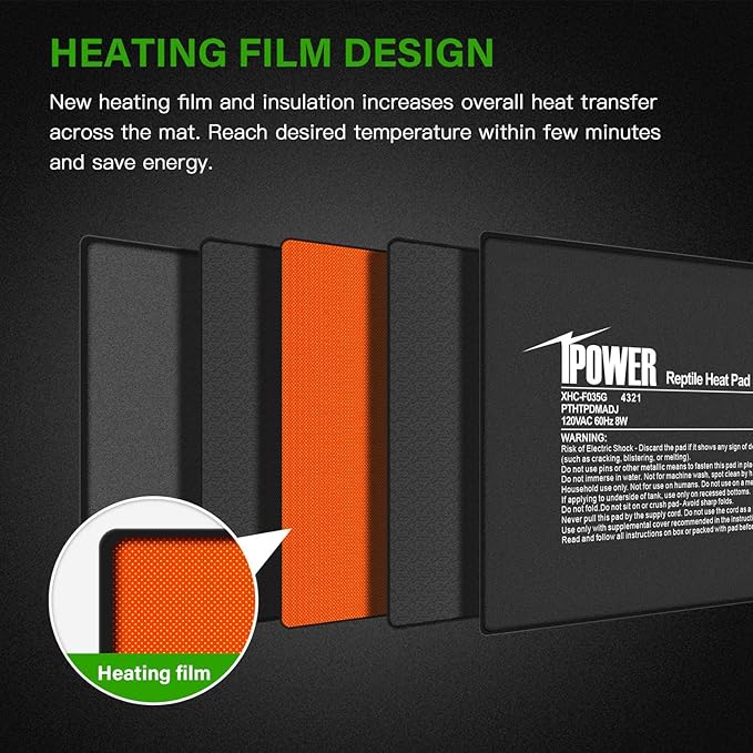 iPower 6 by 8-Inch 8 Watts Reptile Heating Mat with Temperature Controller Under Tank Warmer Terrarium Heat Pad for Reptiles and Amphibians, Black iPower