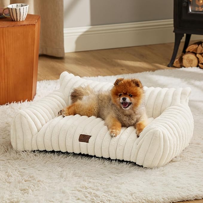 Bedsure Cute Cat Couch for Pets - Fluffy Small Dog Sofa with Premium Soft Corduroy Fleece, Pet Sofa with Removable Washable Cover, Supportive Dog Couch Bed for Small Medium Dogs, 30inch, Cream - PAWPICO