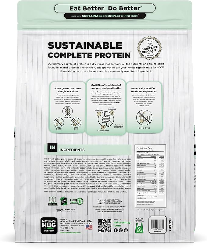 Nature's HUG Dry Cat Food, for Adult-All Breeds, 10 lb. Bag, Just Like Chicken Recipe, Grain Free & Hypoallergenic, Supports Microbiome Health, Sustainable Complete Protein & Balanced Nutrition - PAWPICO