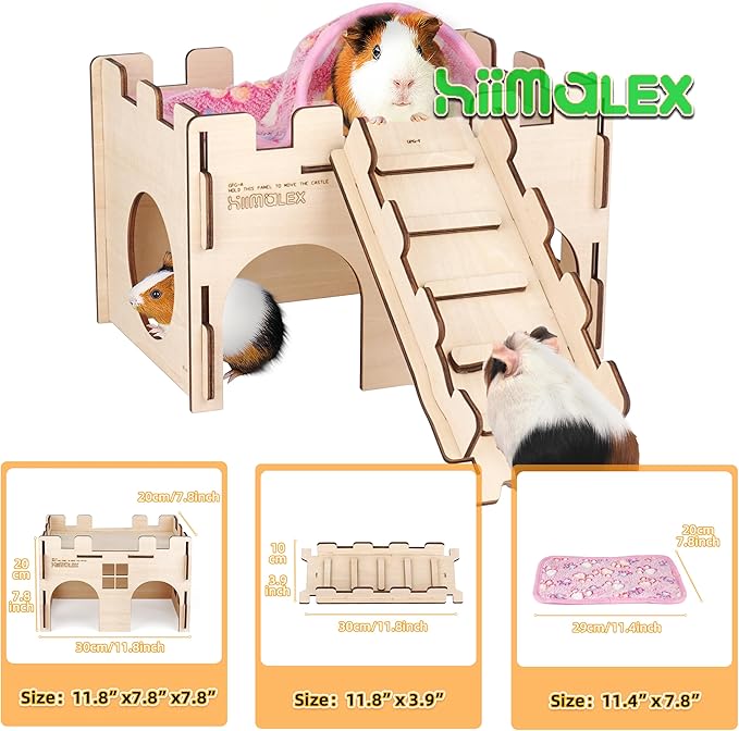 hiimalex Wooden Hamster Castle House with Ramp and Plush Bedding for Chinchilla Guinea Pig Hedgehog Gerbil Hamster Rat Durable Habitats for Playing and Hiding MakeTheKingdomforYourBunnies