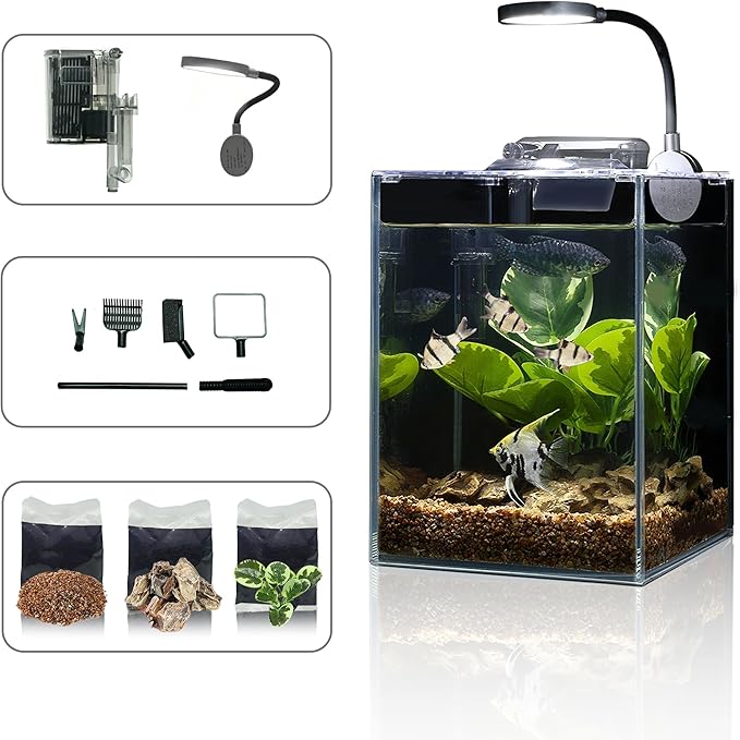 1.5 Gallon Aquarium Fish Tank with HOB Filter and Light, All in one Small Fish Tank kit, Complete Desktop Small Aquarium WONDERFACTORY