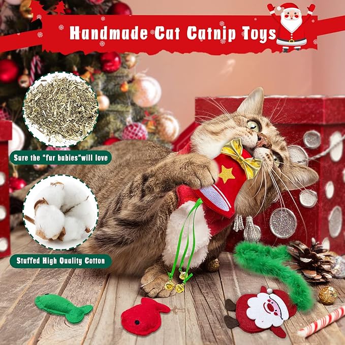 Cat Christmas Stocking, 10 Pack Christmas Cat Toys for Indoor Cats, Includes Catnip Toys, Cat Teaser, Cat Balls and Feather Toys, Great Value for Cats - PAWPICO