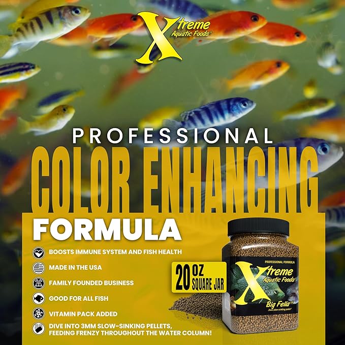 Xtreme Big Fella 3.0mm Pellets: Professional Nutrition for Medium to Large Cichlid/Community Fish - Boost Immune & Digestive Health, Color & Energy, Max Protein Fish Food – USA Farm Grown (20oz) XtremeAquaticFoods