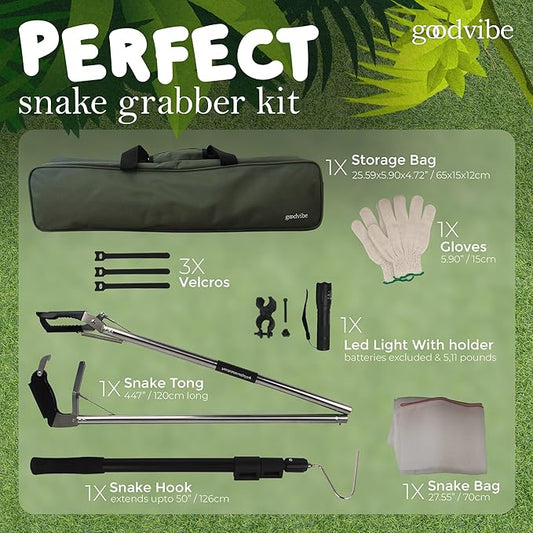 goodvibe Snake Grabber Tool Kit - Multi Tool Set with Catcher Grabber, Snake Hook, LED Light, Gloves & Snake Transport Bag - Complete 6-Pieces PAWPICO