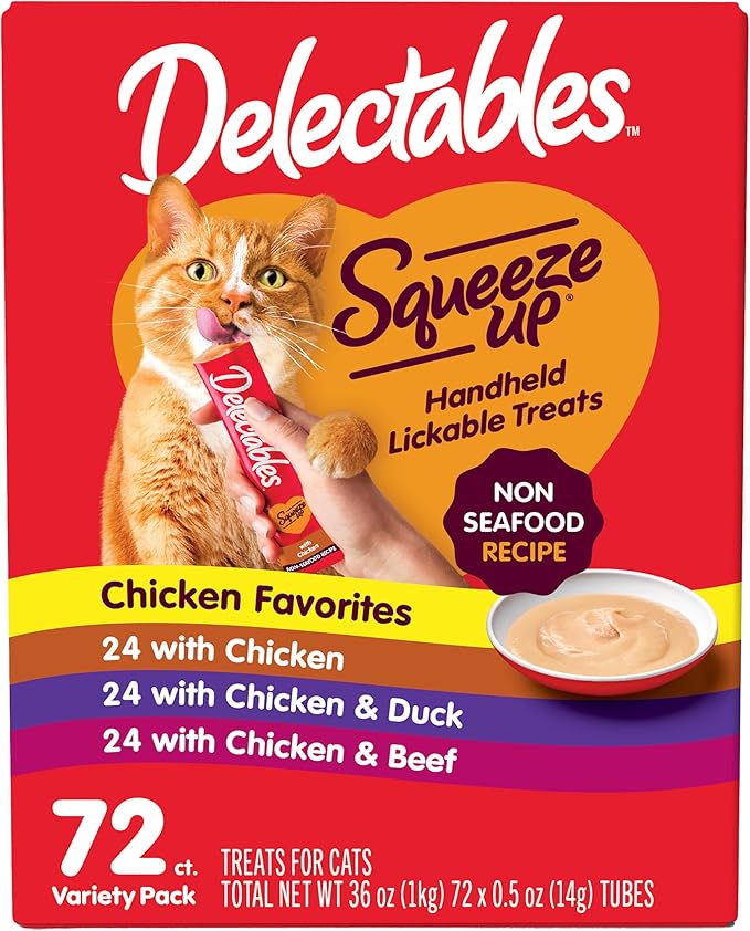Delectables Squeeze Up Non-Seafood Variety Pack, Creamy Squeezable Puree, Lickable Wet Cat Treats, Grain Free, No Added Fillers, No By-Products, No Added Preservatives, 0.5 Ounces Tube, 72 Tubes Total Hartz