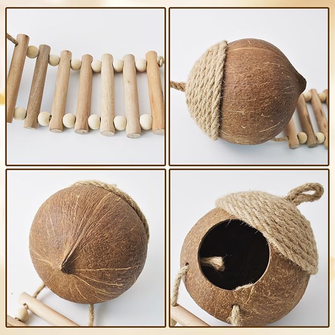 Lizard Coco Den with Ladder,Leopard Gecko Coconut Husk Hut Hideout Home Reptile Hammock Climbing Hanging Plants Decor Habitat Tank Accessories for Bearded Dragon Chameleon Snake Hermit Crab MUYG