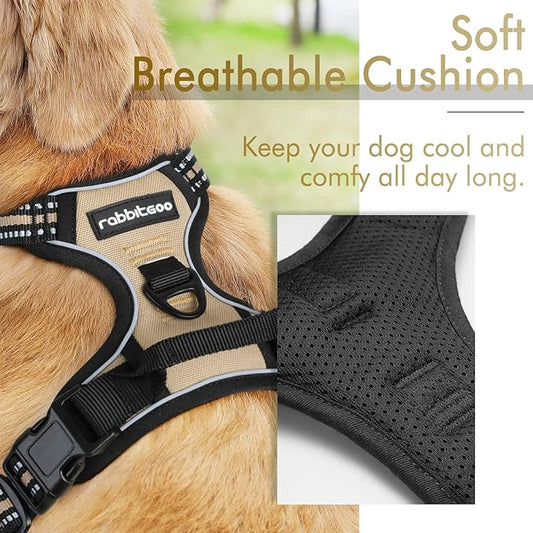 rabbitgoo Dog Harness, No-Pull Pet Harness with 2 Leash Clips, Adjustable Soft Padded Dog Vest, Reflective No-Choke Pet Oxford Vest with Easy Control Handle for Medium Dogs, Beige, M - PAWPICO