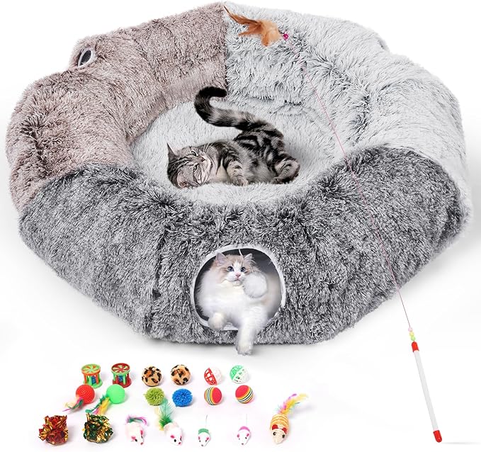 Odoland Large Cat Tunnels for Indoor Cats Fluffy Cat Bed and Detachable Cat Cave Tunnels with 20 Cat Toys, Cat Donut Tunnel and Variety Kitten Toy Set for Chewing Playing - PAWPICO