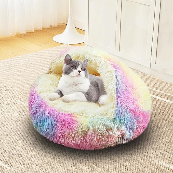 ShinHye Cat Bed Round Plush Fluffy Hooded Cat Bed Cave, Cozy for Indoor Cats or Small Dog beds, Soothing Pet Beds Doughnut Calm Anti-nxiety Dog Bed - Waterproof Bottom Washable (23×23inch, Multicolor) - PAWPICO