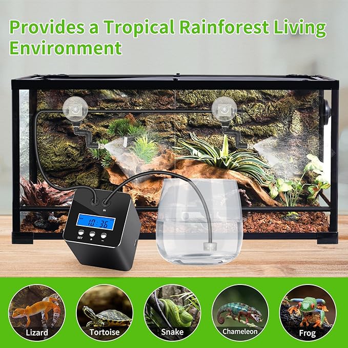 Reptile Mister System, Reptile Humidifier for Terrariums, auto Mister with 2 Spray Nozzles for Reptiles,Snakes,Frogs,Plants RUNWUSHENG