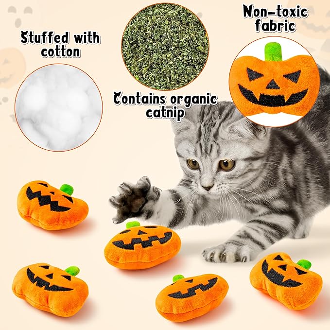 MALLMALL6 Catnip Toys for Cat - 5Pcs Halloween Pumpkin Jack O Lantern Catmint Interactive Cat Toy for Indoor Cats, Soft Plush Orange Cat Supplies, Kitten Teething Chew Toy Set, Pet Gifts for Cat Lover - PAWPICO