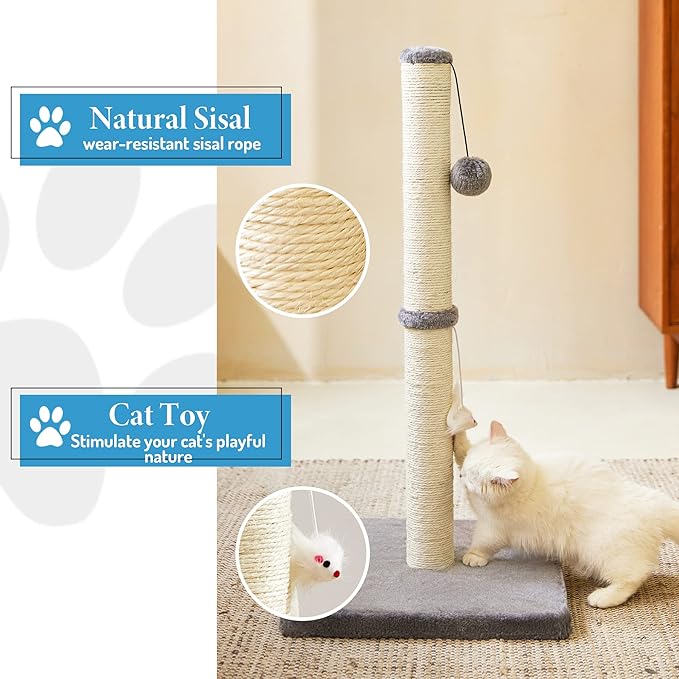 MeowHomm 32'' Tall Cat Scratching Post Cat Scratcher with Hanging Ball, Durable Cat Scratching Post for Indoor with Sisal Rope (Gray) - PAWPICO
