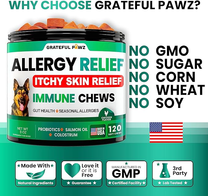 Dog Allergy Relief Chews - Dog Itch Relief - Probiotics, Omega 3 Fish Oil + Colostrum - Itchy Skin Relief - Seasonal Allergies - Anti Itch Support & Hot Spots - Immune Health Supplement - Made in USA GratefulPawz