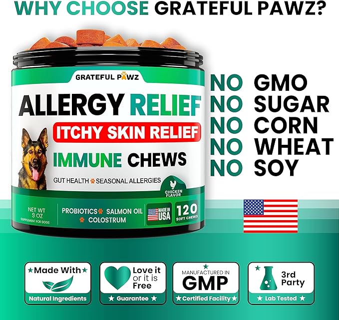 Dog Allergy Relief Chews - Dog Itch Relief - Probiotics, Omega 3 Fish Oil + Colostrum - Itchy Skin Relief - Seasonal Allergies - Anti Itch Support & Hot Spots - Immune Health Supplement - Made in USA GratefulPawz
