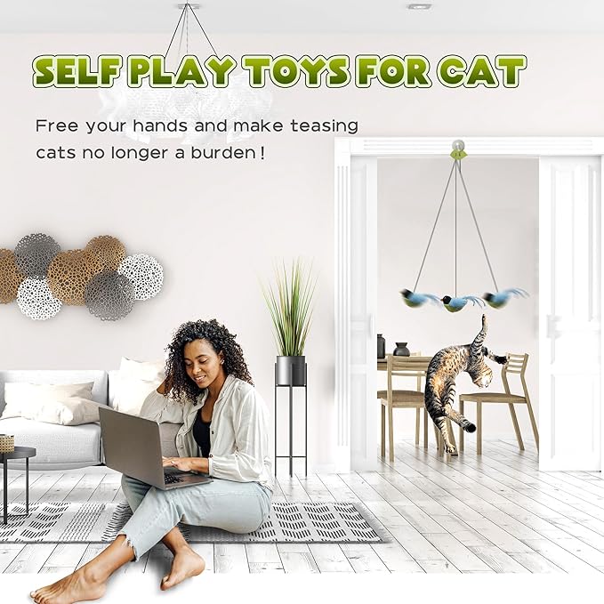 LEWISER Cat Toys Chirp Chickadee, Interactive Cat Feather Toys, Retractable Cat Teaser Toy, Hanging Toys for Indoor Cats Exercise, Kitten Kitty Fun Mental Physical Toys, Blue (1 Pack) - PAWPICO