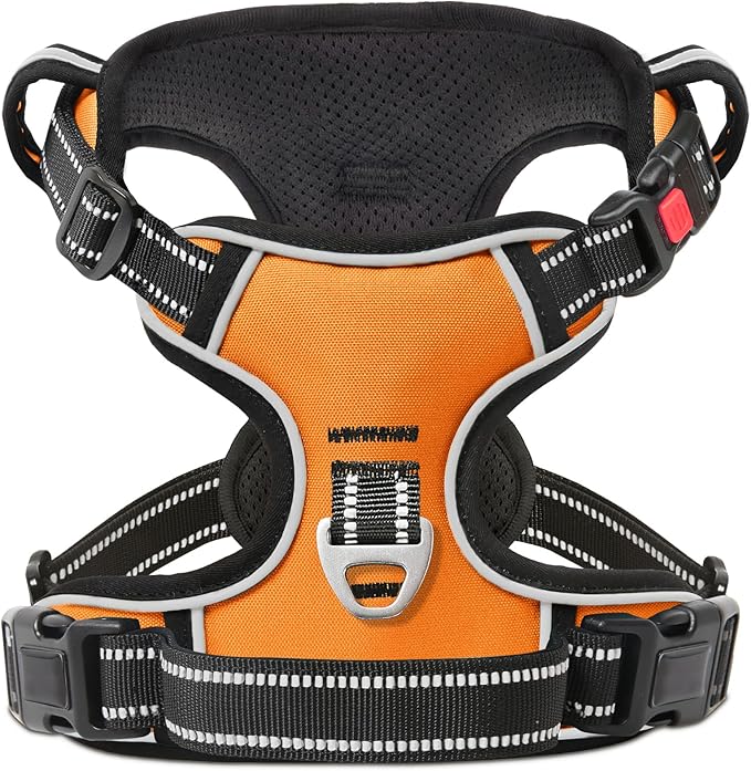 Timos Dog Harness Medium Sized, No Pull Dog Harness with Neck Lockable Snap,No Choke Front Clip Dog Reflective Harness,Adjustable Metal Rings 3 Buckles,Easy Control Handle for Medium Dogs Orange M Timos