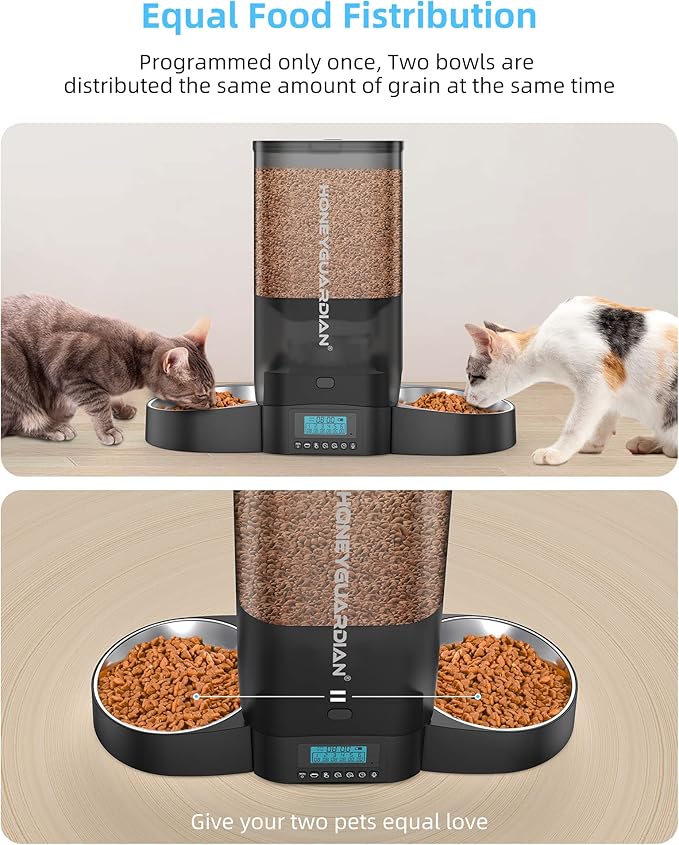 HoneyGuaridan 5L Automatic Cat Feeder for Two Cats, Cat Food Dispenser with Stainless Steel Bowl,Timed Cat Feeder Programmable 1-6 Meals Control, Dual Power Supply,Desiccant Bag,10s Meal Call Black - PAWPICO