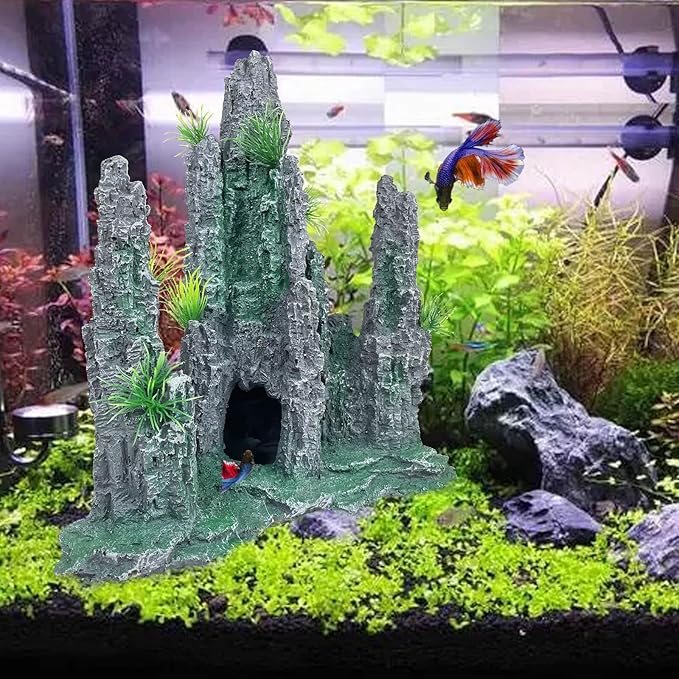 Aquarium Decoration Large and Tall for Fish Tank Rock Thematic Ornaments Aquarium Mountain View Stone Ornaments Aquarium Decor Tree House Cave Fish Tank Decoration - Large VMCN