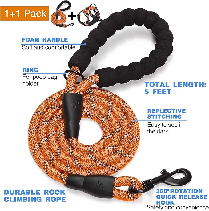 tobeDRI No Pull Dog Harness Adjustable Reflective Oxford Easy Control Medium Large Dog Harness with A Free Heavy Duty 5ft Dog Leash (XL (Chest: 31"-39"), Orange Harness+Leash) - PAWPICO