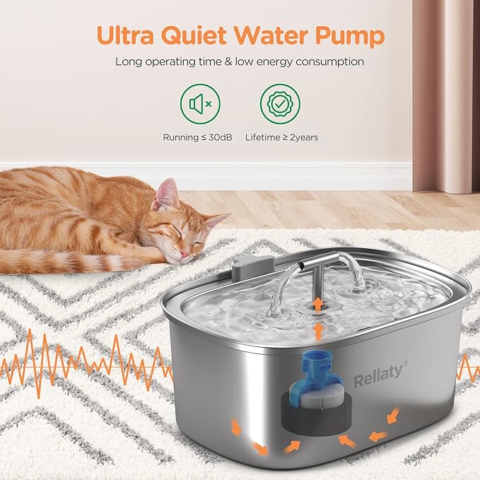 Cat Water Fountain Stainless Steel: 3.2L/108oz Pet Fountain Water Bowl Dog Drinking Dispenser Cat Feeding & Watering Supplies Animal Metal Kitty Spout for Cats Inside with 4 Replacement Filters - PAWPICO